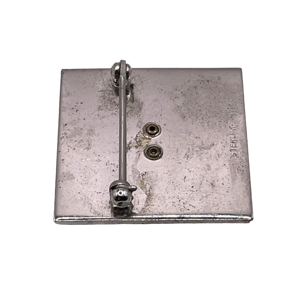 VTG Sterling Silver 925 Two Tone Black‎ Accent Brooch Pin Square Brushed Aged